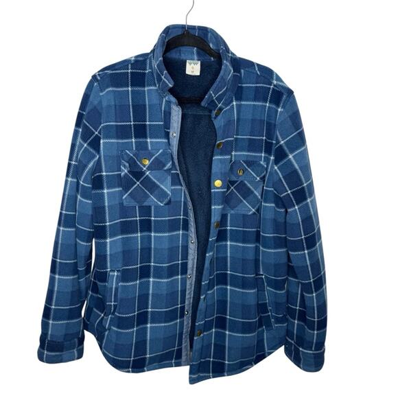VOYAGER / blue plaid snap button faux fur lined fleece shacket / M - Picture 1 of 9